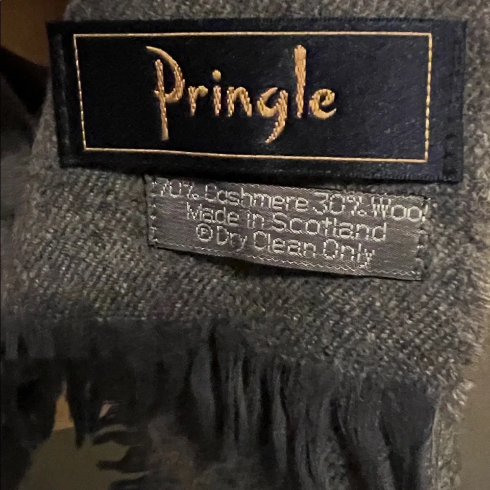 🐑Cashmere & Wool Charcoal Fringed Vintage Short & Narrow Scarf Pringle Scotland